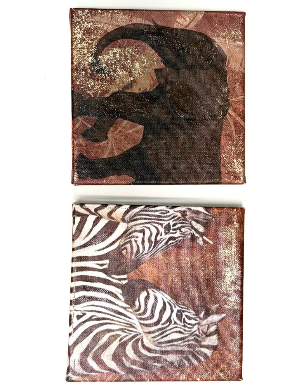 Set of 2 Safari Animal Canvas Wall Art Elephant Zebra 14x14